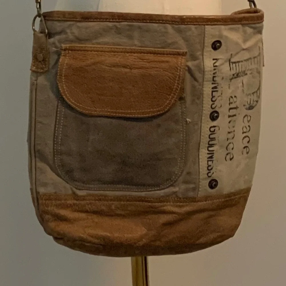Peace and Patience Canvas Upcycled Leather Bag - Picture 2 of 7